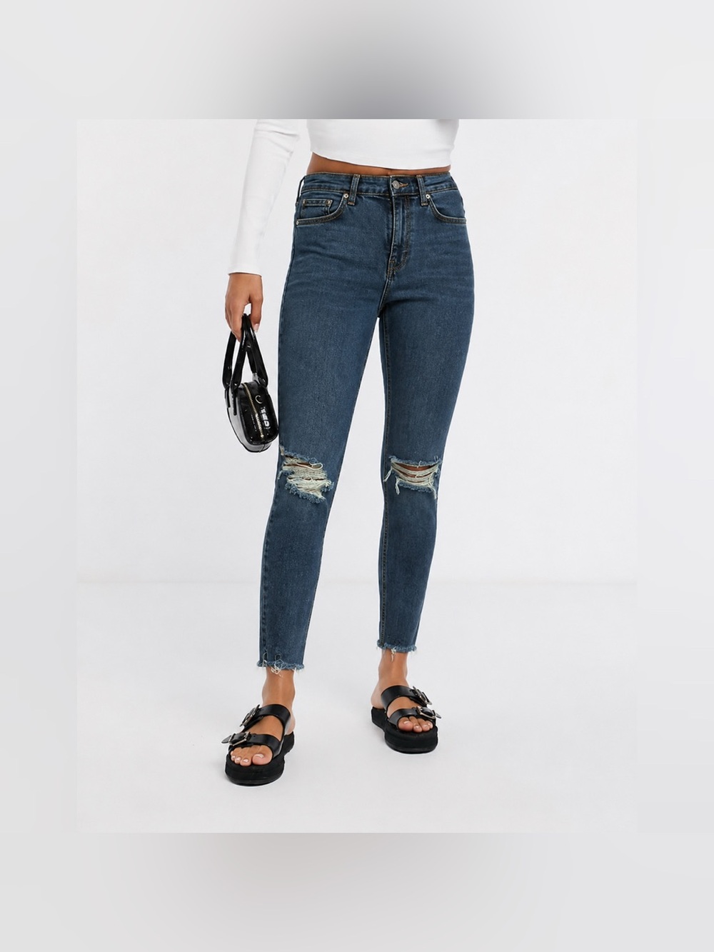 ASOS denim blue skinny jeans distressed raw hem
